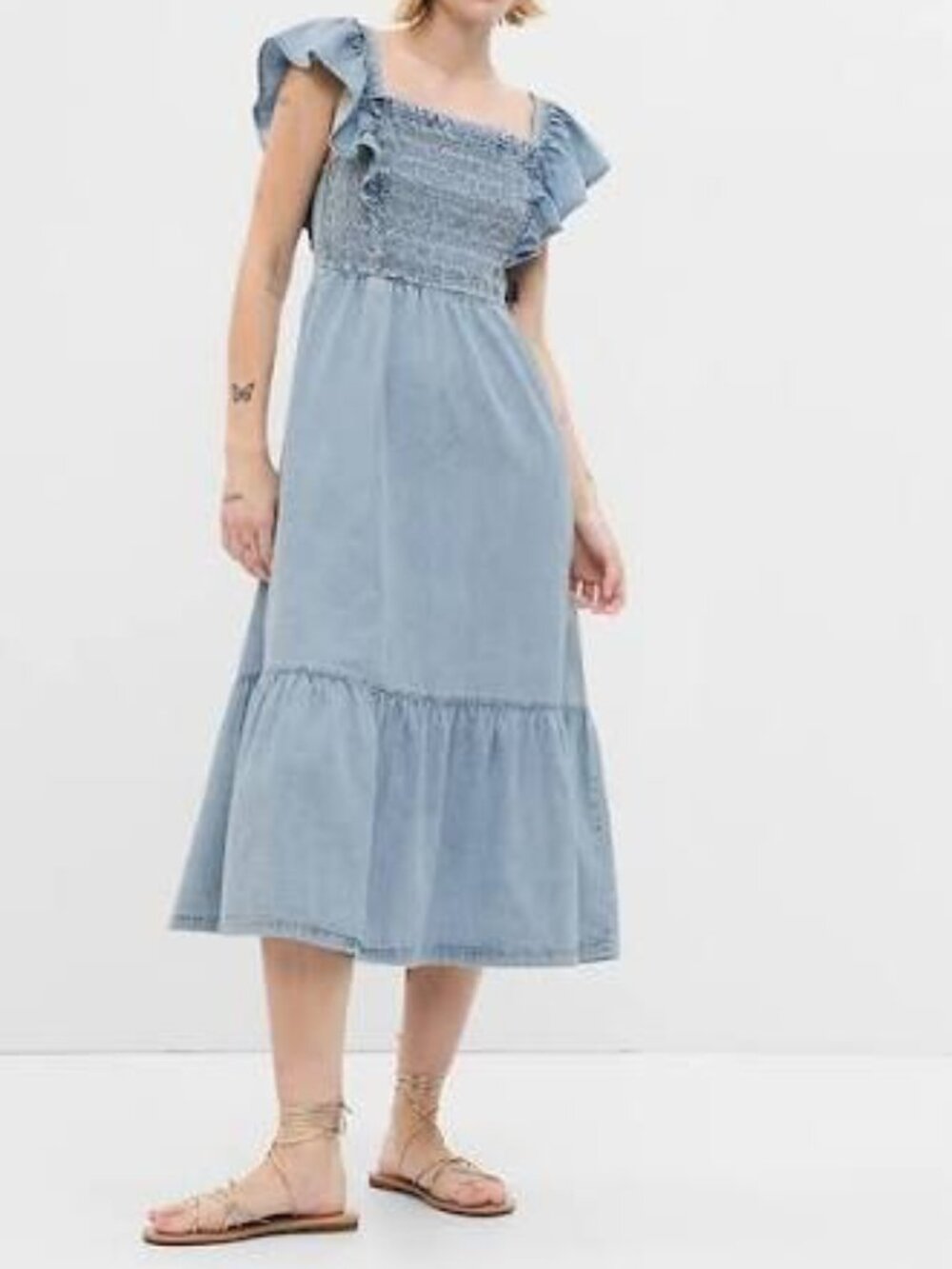 GAP Smocked Flutter Sleeve Denim Midi Dress Medium Blue